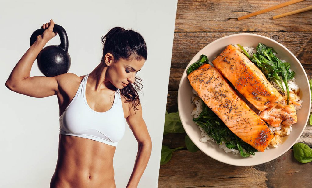 חצי תמונה ימין יש צלחת עם 2 חתיכות סלמון ובצד שמאל אישה עם טופ מחזיקה קטלבל