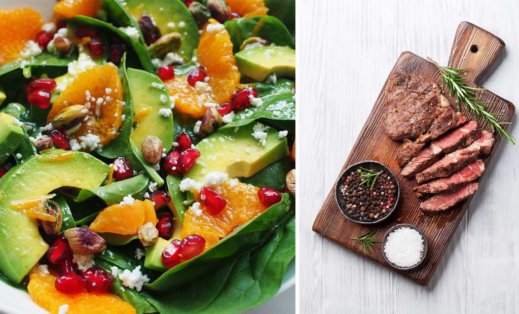 מימן קרש חיתוך עם בשר פרוס עליו ולידו מלח ופלפל משמאל סלט ירוק עם חתיכות קלמנטינה