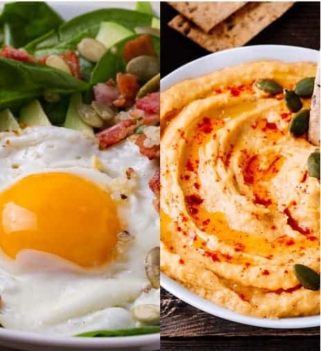 בצד ימין קערת חומוס בצד שמאל ביצת עין