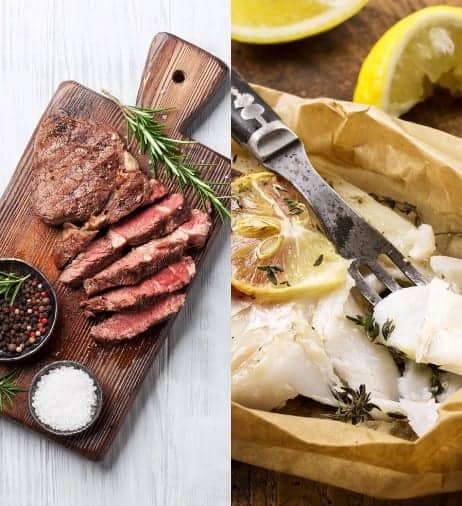 בצד שמאל בשר בקר בצד ימין דג עם מזלג