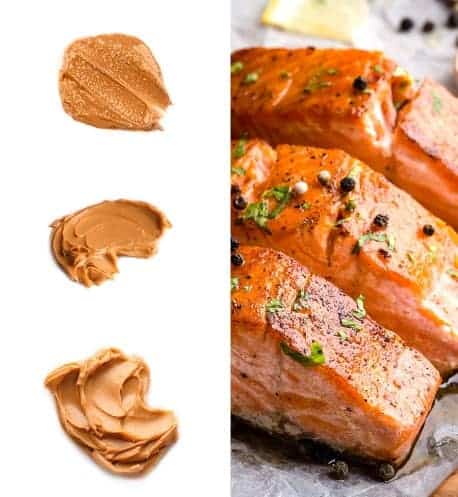 תמונה עם דג סלמון בחצי ימין וחצי שמאל חמאת בוטנים