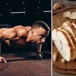 תמונה מחולקת, בצד שמאל גבר שרירי בלי חולצה עושה שכיבת סמיכה בציד ימני פרוסות חזה הודו