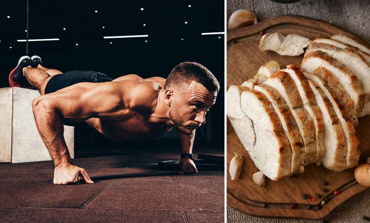 תמונה מחולקת, בצד שמאל גבר שרירי בלי חולצה עושה שכיבת סמיכה בציד ימני פרוסות חזה הודו