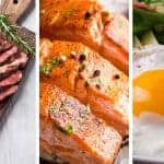 תמונה מחולקת ל-3, בצד שמאל ביצה, באמצע סלמון ובצד שמאל סטייק