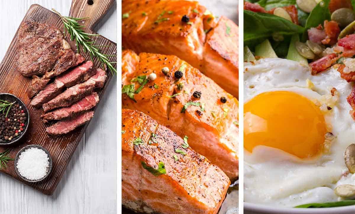 תמונה מחולקת ל-3, בצד שמאל ביצה, באמצע סלמון ובצד שמאל סטייק