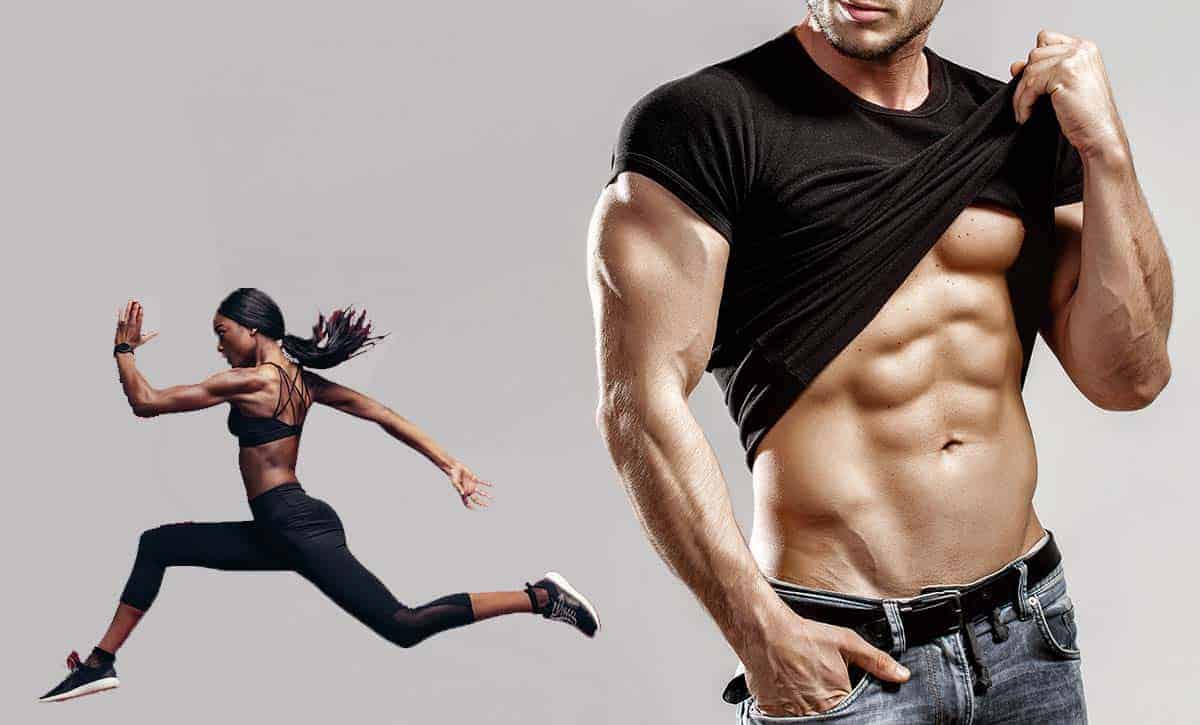 גבר ומראה קוביות בבטן ואישה לידו רצה