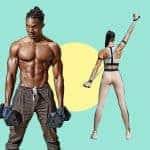 גבר מחזיק משקולות ואישה מחזיקה גומיות כוח על רקע ירוק עם עיגול צהוב