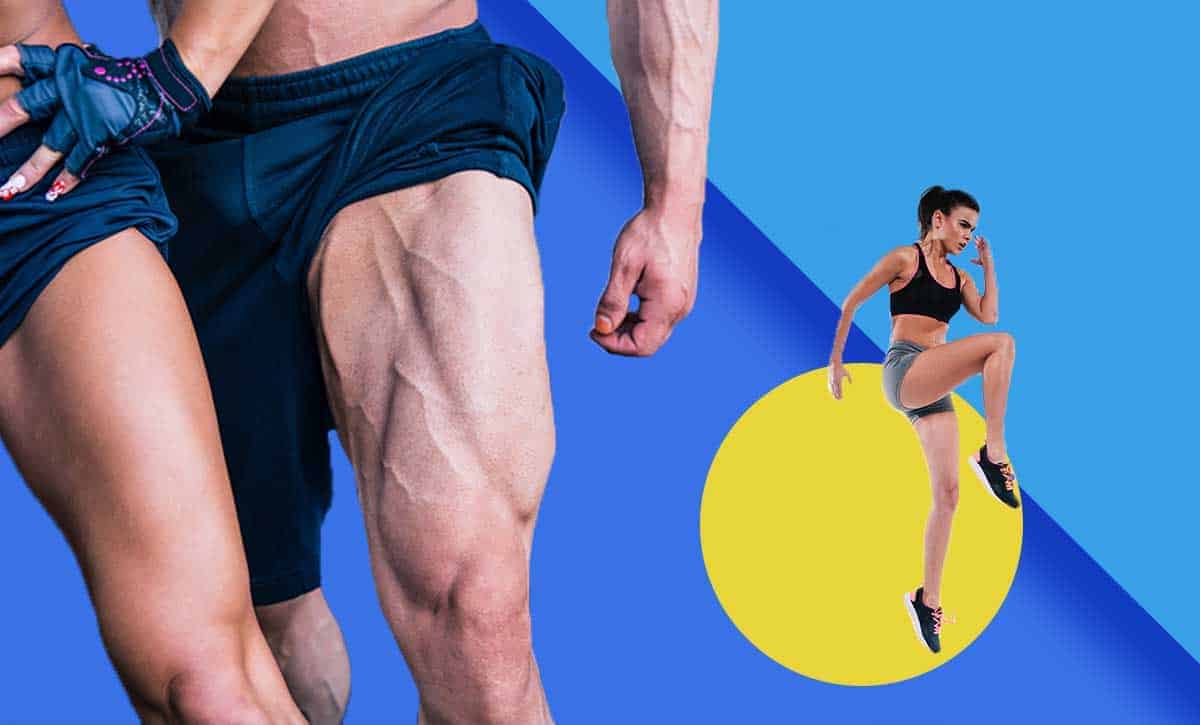 אימון רגליים, אישה קופצת וגבר ואישה מראים את השרירים שלהם