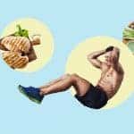 גבר עושה שכיבות סמיכה עם מאכלי חלבון, עוף וירקות